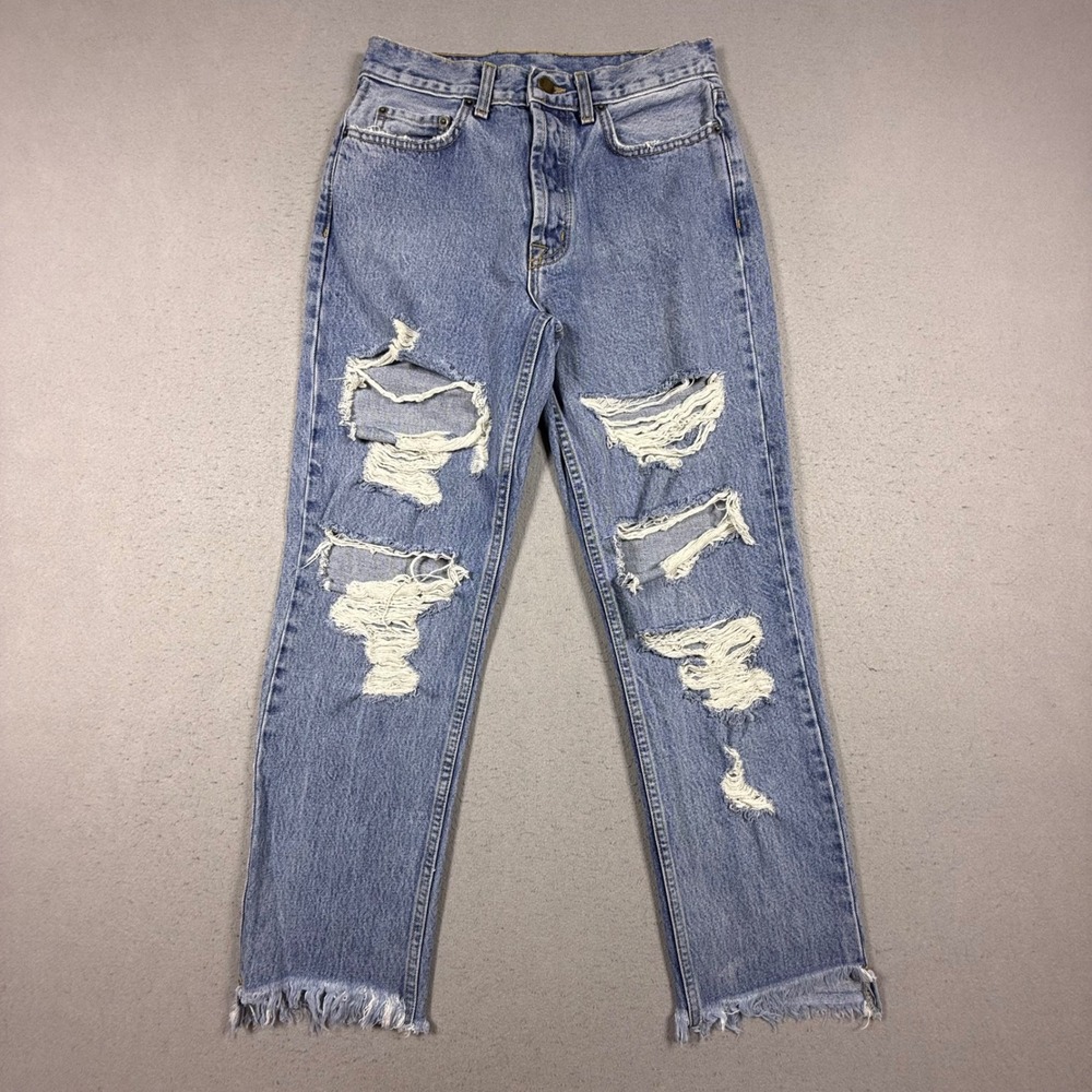 Carmar High Waisted Distressed Straight Leg Jeans Light Wash Blue Denim 27